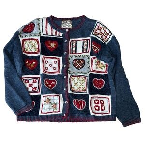 Vtg Cotton Blue Red Button Up Cardigan‎ Sweater S Grannycore Grandma Cottagecore